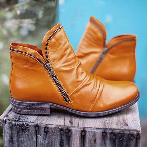 Women's Block Heel Western Ankle Boots – Wrinkled Retro Pointed Toe Cowboy Booties with Side Zipper