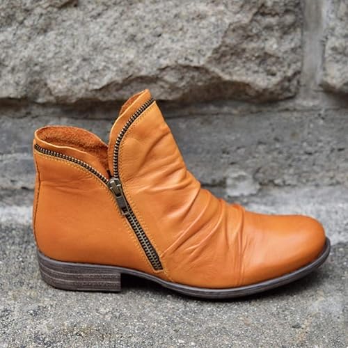 Women's Block Heel Western Ankle Boots – Wrinkled Retro Pointed Toe Cowboy Booties with Side Zipper