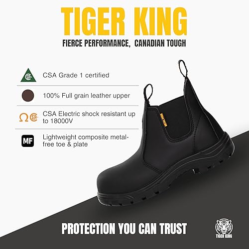 Tiger King Jasper Men’s Premium CSA Approved Chelsea Safety Boots: Composite Toe, Slip, Heat and Puncture Resistant with Electrical Hazard Protection