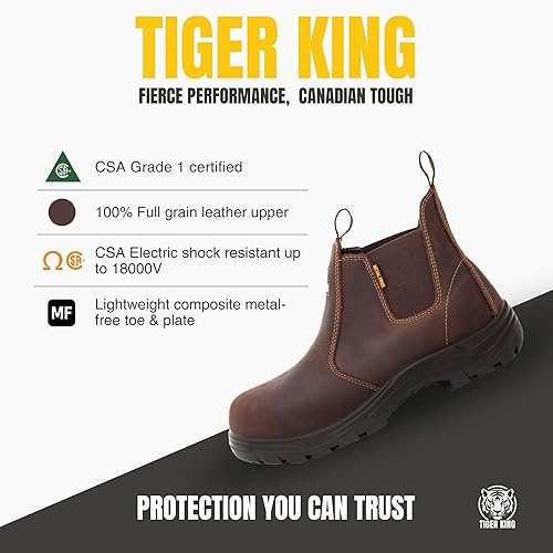 Tiger King Jasper Men’s Premium CSA Approved Chelsea Safety Boots: Composite Toe, Slip, Heat and Puncture Resistant with Electrical Hazard Protection